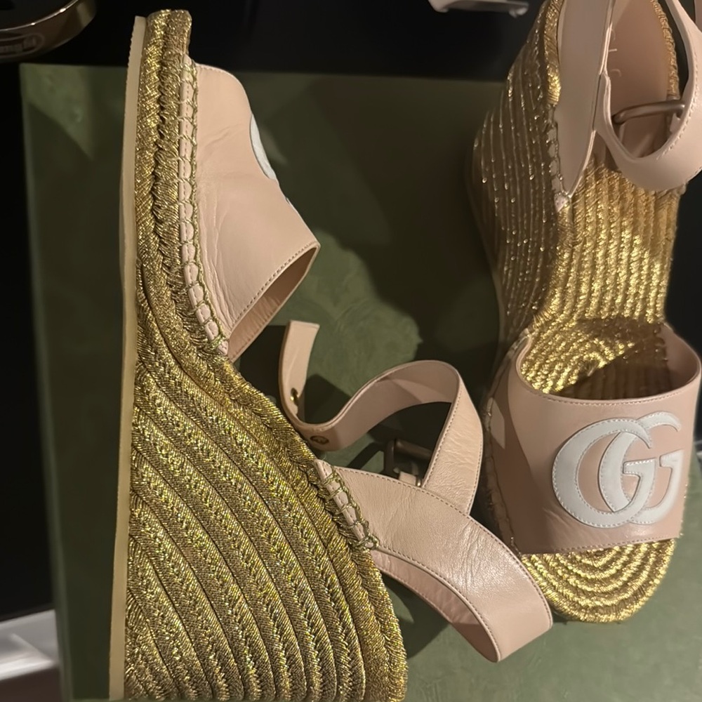 Gucci Cream and Gold Espadrille Sandals with Ankle Strap - Picture 2 of 7